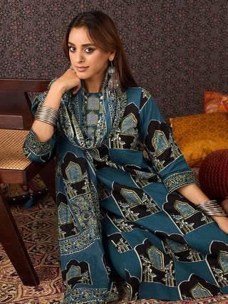 Blue Cotton Printed Straight Shape Suit Set with Dupatta