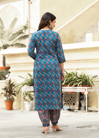 Blue Viscose Block Print Suit Set with Chanderi Cotton Dupatta