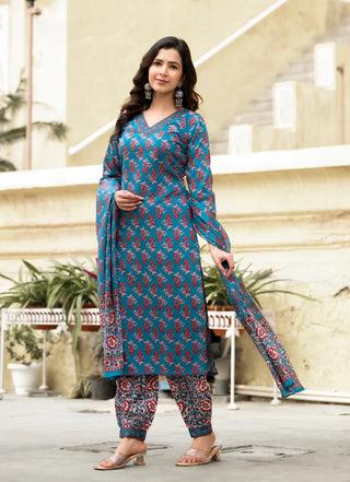 Blue Viscose Block Print Suit Set with Chanderi Cotton Dupatta