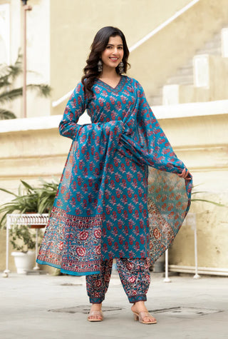 Blue Viscose Block Print Suit Set with Chanderi Cotton Dupatta