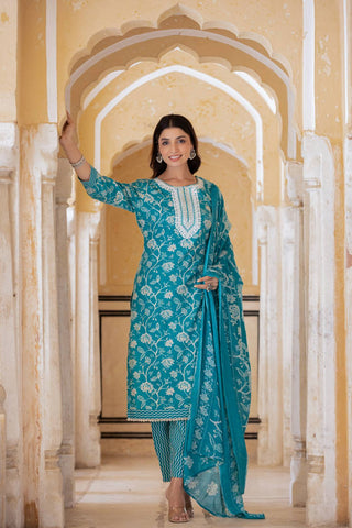 Blue Cotton Blend Printed Suit Set with Dupatta