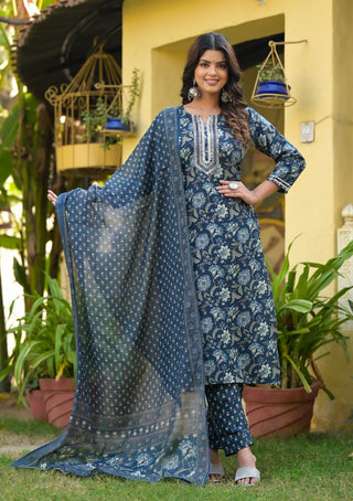 Blue Viscose Printed Straight Cut Kurta Pant Set with Chanderi Cotton Dupatta