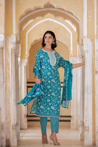 Blue Cotton Blend Printed Suit Set with Dupatta