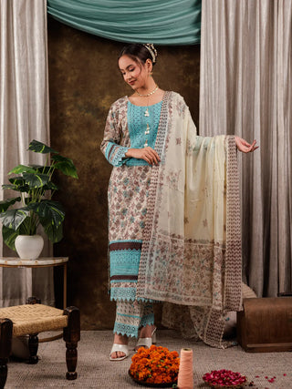 Blue Cotton Floral Print & Lace Work Suit Set with Voile Dupatta