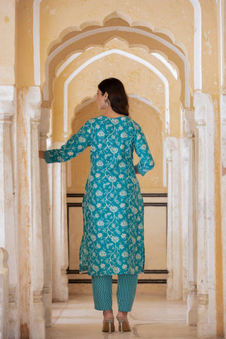 Blue Cotton Blend Printed Suit Set with Dupatta