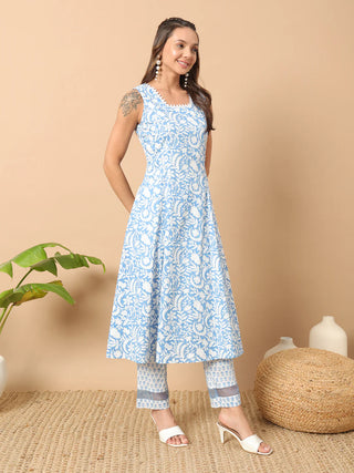 Blue & White Cotton Floral Print A Line Suit Set with Contrast Organza Dupatta