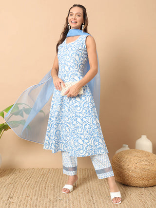 Blue & White Cotton Floral Print A Line Suit Set with Contrast Organza Dupatta