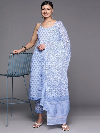 Blue Cotton Floral Print Suit Set with Dupatta