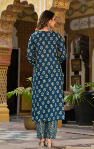 Blue Viscose Printed Straight Cut Kurta Pant Set with Chanderi Cotton Dupatta