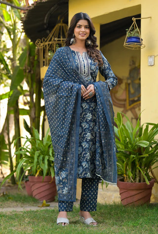 Blue Viscose Printed Straight Cut Kurta Pant Set with Chanderi Cotton Dupatta