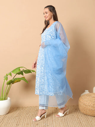 Blue & White Cotton Floral Print A Line Suit Set with Contrast Organza Dupatta