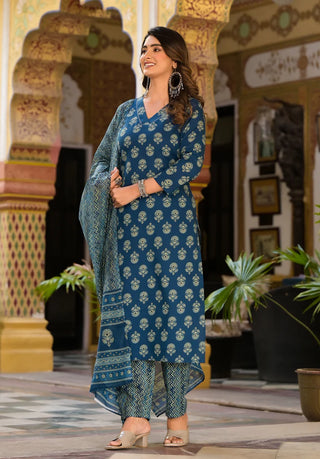 Blue Viscose Printed Straight Cut Kurta Pant Set with Chanderi Cotton Dupatta