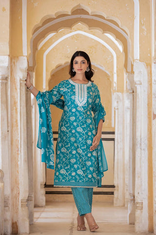 Blue Cotton Blend Printed Suit Set with Dupatta