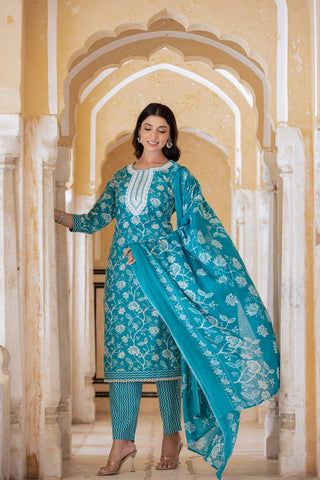 Blue Cotton Blend Printed Suit Set with Dupatta