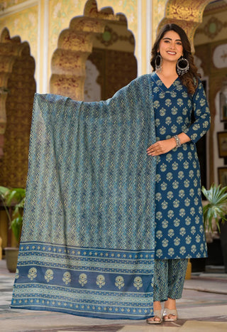 Blue Viscose Printed Straight Cut Kurta Pant Set with Chanderi Cotton Dupatta