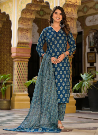 Blue Viscose Printed Straight Cut Kurta Pant Set with Chanderi Cotton Dupatta