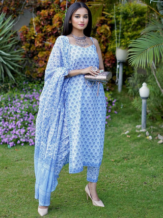 Blue Cotton Floral Print Suit Set with Dupatta