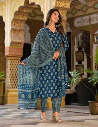 Blue Viscose Printed Straight Cut Kurta Pant Set with Chanderi Cotton Dupatta