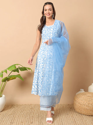 Blue & White Cotton Floral Print A Line Suit Set with Contrast Organza Dupatta