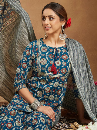 Teal Blue Pure Cotton Floral Print Suit Set with Dupatta