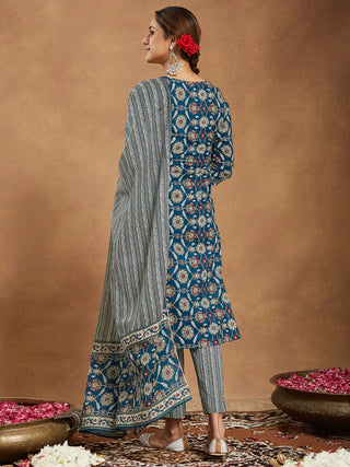Teal Blue Pure Cotton Floral Print Suit Set with Dupatta