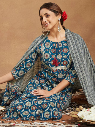 Teal Blue Pure Cotton Floral Print Suit Set with Dupatta