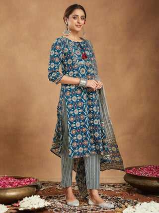 Teal Blue Pure Cotton Floral Print Suit Set with Dupatta