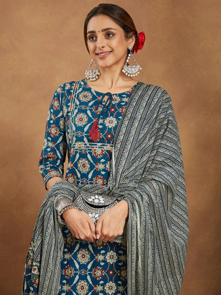 Teal Blue Pure Cotton Floral Print Suit Set with Dupatta