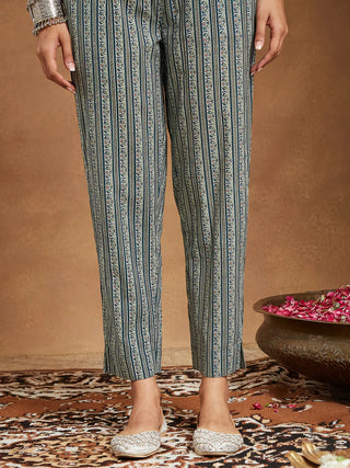 Teal Blue Pure Cotton Floral Print Suit Set with Dupatta