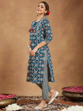 Teal Blue Pure Cotton Floral Print Suit Set with Dupatta
