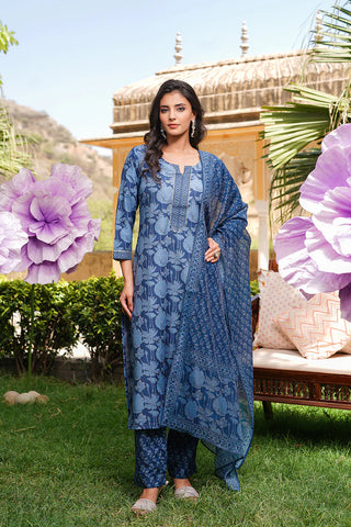 Blue Rayon Blend Floral Printed Straight Shape Suit Set with Dupatta