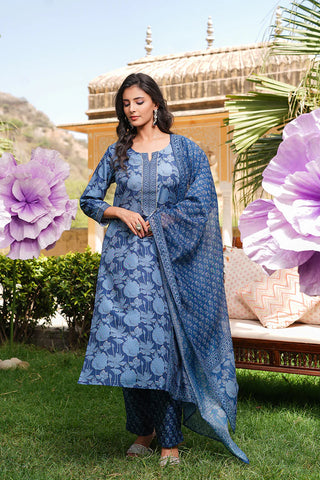 Blue Rayon Blend Floral Printed Straight Shape Suit Set with Dupatta