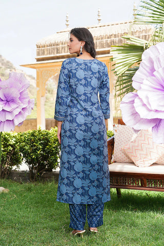 Blue Rayon Blend Floral Printed Straight Shape Suit Set with Dupatta