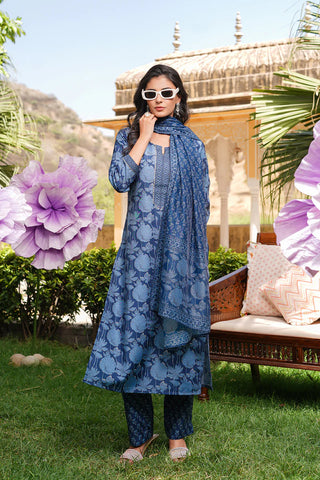 Blue Rayon Blend Floral Printed Straight Shape Suit Set with Dupatta