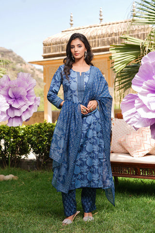 Blue Rayon Blend Floral Printed Straight Shape Suit Set with Dupatta