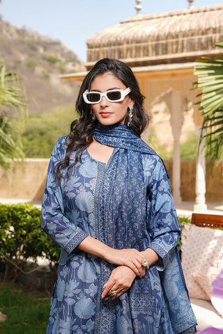 Blue Rayon Blend Floral Printed Straight Shape Suit Set with Dupatta
