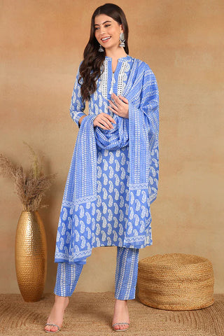 Blue Rayon Blend Paisley Print Suit Set with Dupatta