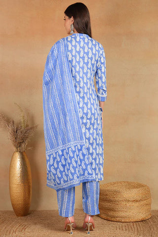 Blue Rayon Blend Paisley Print Suit Set with Dupatta