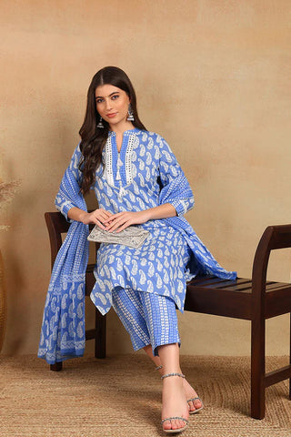 Blue Rayon Blend Paisley Print Suit Set with Dupatta