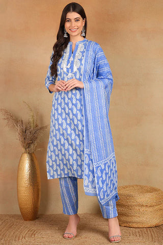 Blue Rayon Blend Paisley Print Suit Set with Dupatta