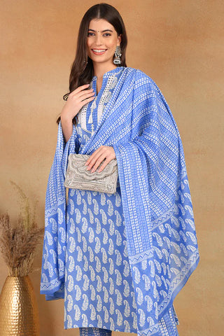 Blue Rayon Blend Paisley Print Suit Set with Dupatta