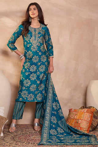 Blue Rayon Blend Floral Print Suit Set with Dupatta