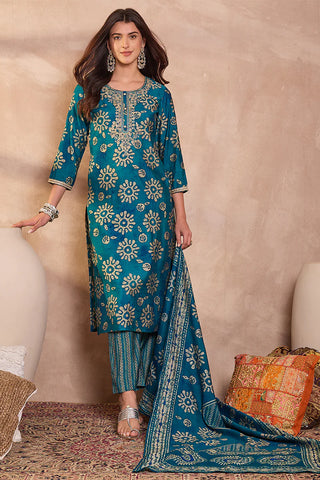 Blue Rayon Blend Floral Print Suit Set with Dupatta