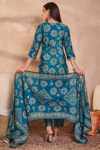 Blue Rayon Blend Floral Print Suit Set with Dupatta