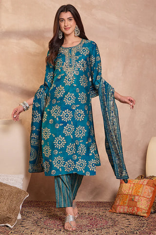 Blue Rayon Blend Floral Print Suit Set with Dupatta