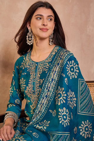 Blue Rayon Blend Floral Print Suit Set with Dupatta