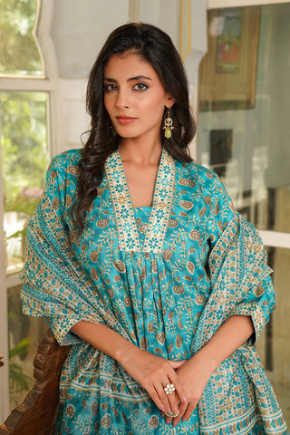 Turquoise Blue Rayon Blend Floral Printed Straight Shape Suit Set with Dupatta