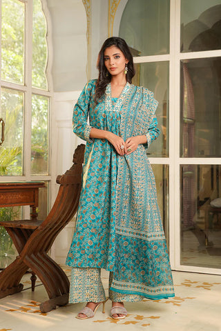 Turquoise Blue Rayon Blend Floral Printed Straight Shape Suit Set with Dupatta