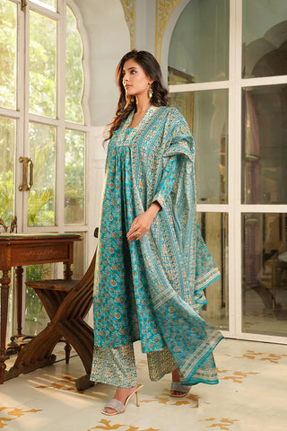 Turquoise Blue Rayon Blend Floral Printed Straight Shape Suit Set with Dupatta