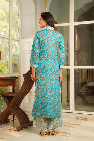 Turquoise Blue Rayon Blend Floral Printed Straight Shape Suit Set with Dupatta
